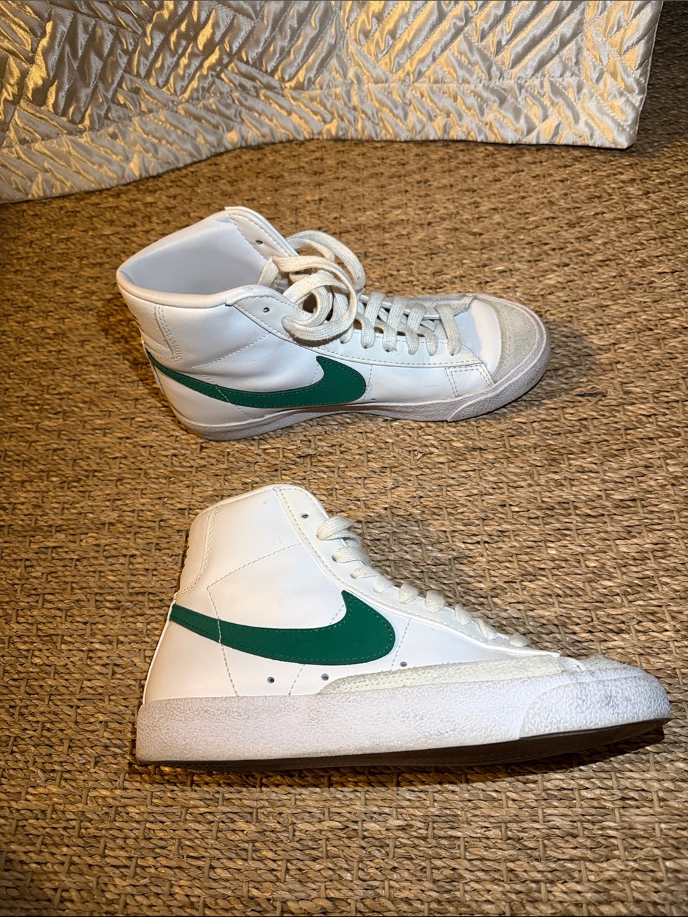 Nike White High-Top Sneakers with Green Swoosh